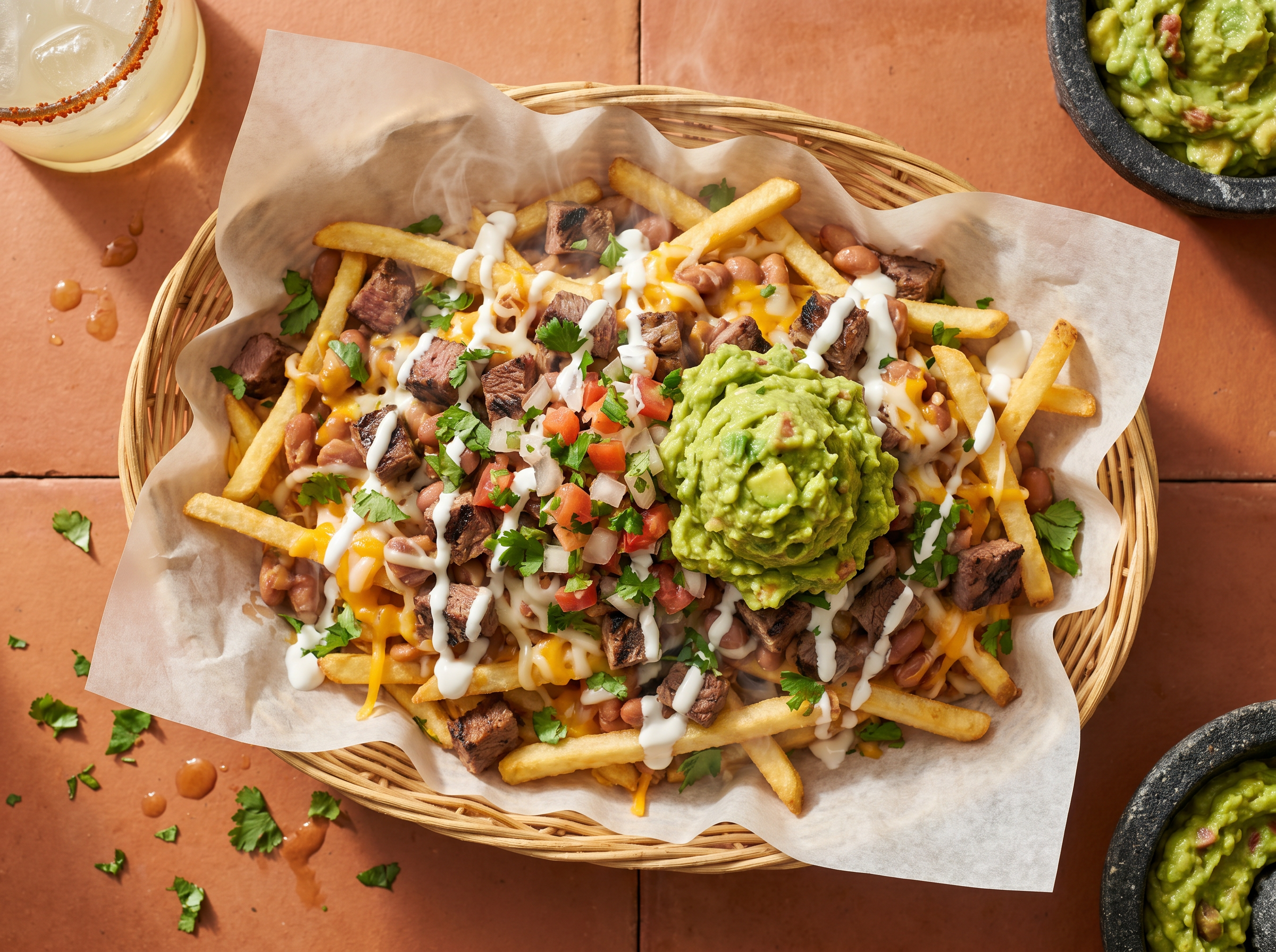 Loaded carne asada fries with cheese, guacamole and pico de gallo