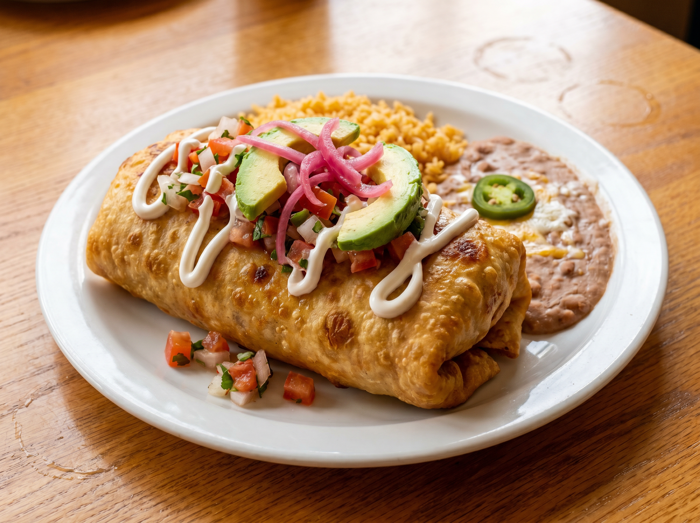 Golden crispy chimichanga topped with sour cream, guacamole and salsa