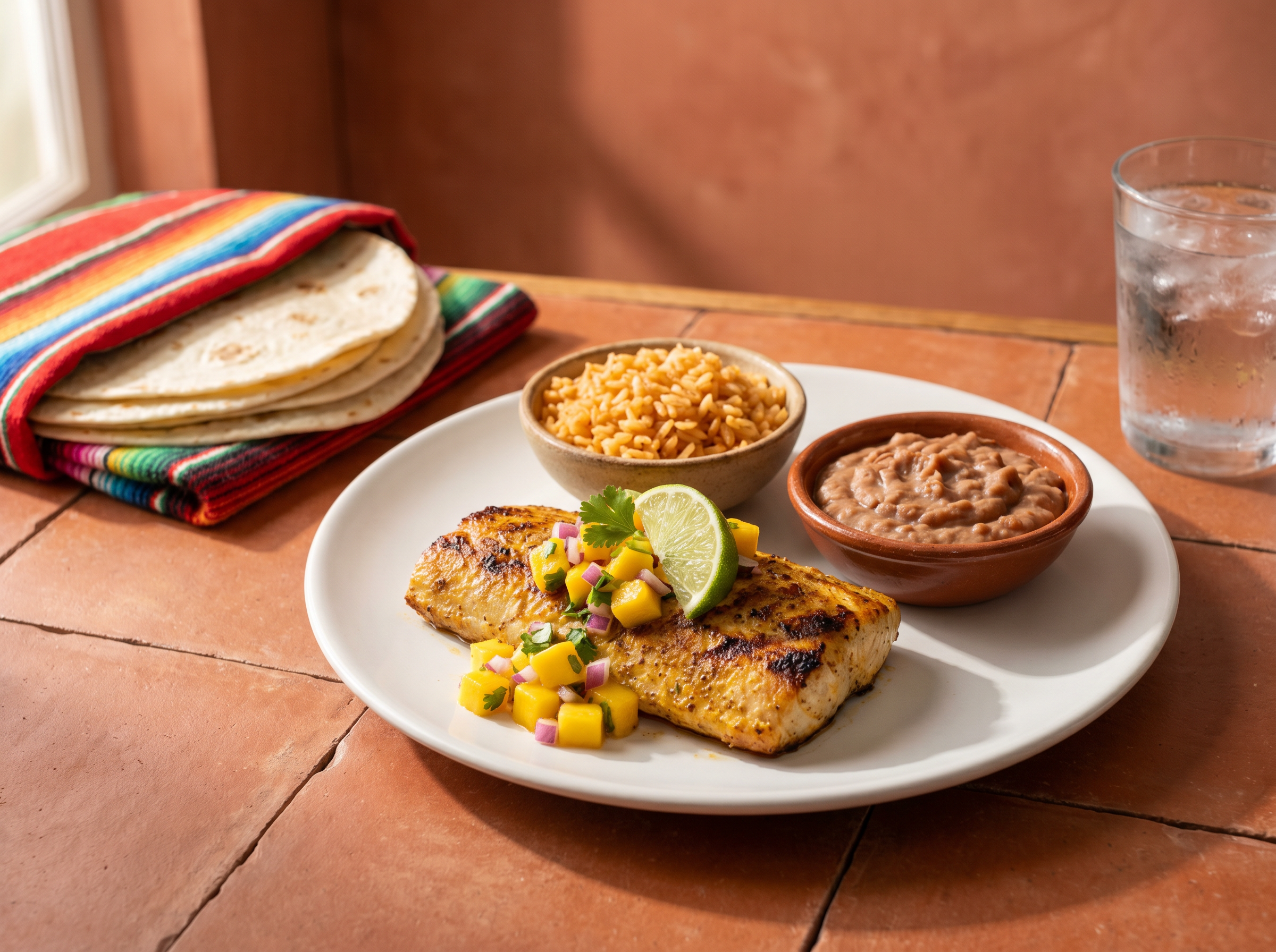 Grilled mahi mahi plate with mango salsa, rice, beans and warm tortillas