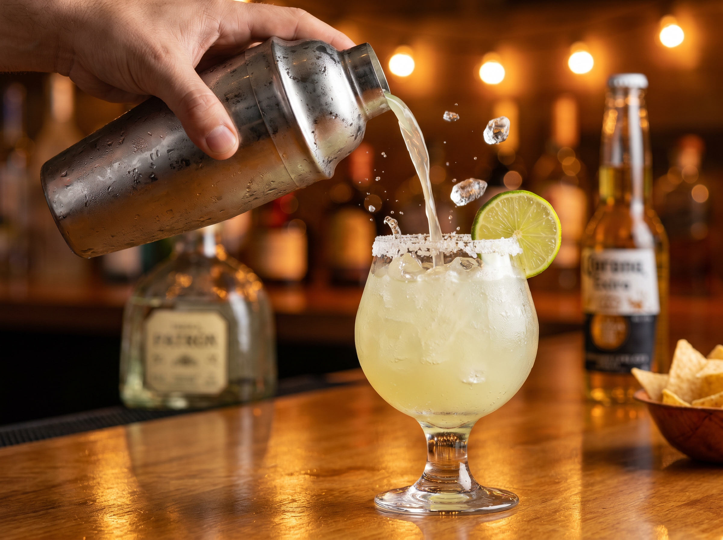 Fresh margarita pouring over ice at La Bonita's