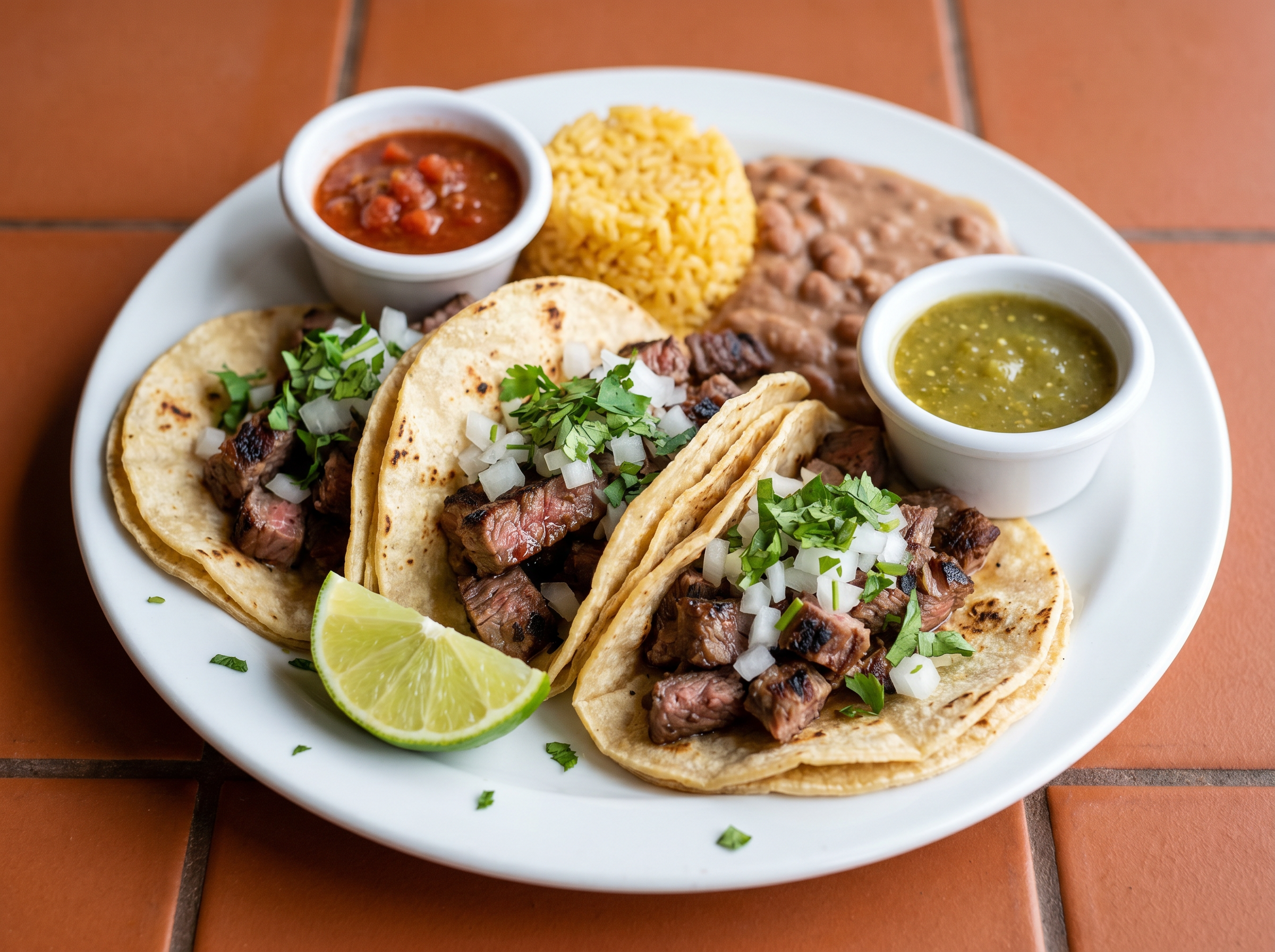 Authentic Mexican street tacos with cilantro, onions and lime
